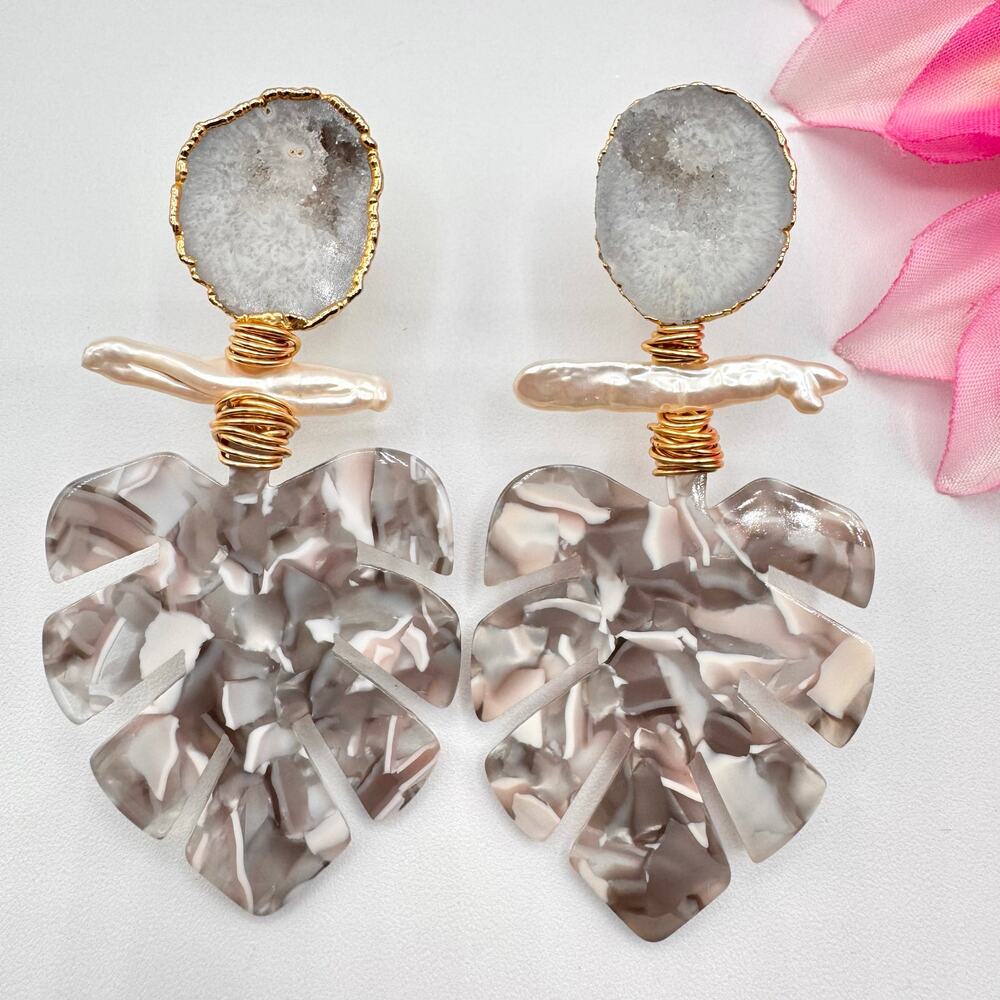 Artisan Monstera Leaf Drusy Stick Pearl Wire Wrapped Earrings Dramatic Statement